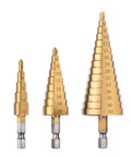 Heavy Duty Titanium Coated Step Drill Bit With A 1/4 Inch Hex Shank Kicks Through Dense Metal Thin Wood And Tough Plastic Slickly Built Like A Mean Machine To Handle Daily Shop Abuse Without Breaking A Sweat, three sizes displayed.