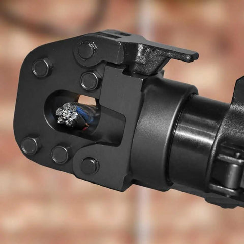 Close-up of Lightweight Manual Hydraulic Cable Cutter cutting cable, showing flip-top latch and rotating head mechanism.