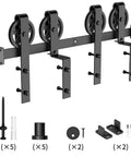 Heavy Duty Sliding Barn Door Hardware Kit Single Track Bypass System For Double Doors Black Powder Coat Six Point Six Foot Long Supports Up To 265 Lbs Fits Door Width Up To Forty Inches And Door Thickness 1 3 8 To 1 3 4 Inches Bypass Wheel Included