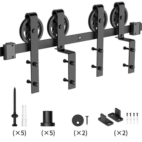 Heavy Duty Sliding Barn Door Hardware Kit Single Track Bypass System For Double Doors Black Powder Coat Six Point Six Foot Long Supports Up To 265 Lbs Fits Door Width Up To Forty Inches And Door Thickness 1 3 8 To 1 3 4 Inches Bypass Wheel Included