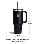 On The Fly 40 Oz Stainless Steel Travel Tumbler With Comfort Grip Handle And Leak Proof Straw Lid with measurement details.