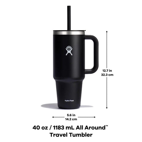 On The Fly 40 Oz Stainless Steel Travel Tumbler With Comfort Grip Handle And Leak Proof Straw Lid with measurement details.