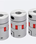 One Pack Heavy Duty Plum Elastic Coupler For Servo Motor Builds shows three flexible couplers with red rubber inserts.