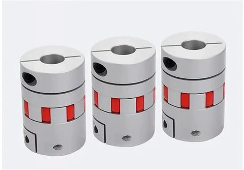 One Pack Heavy Duty Plum Elastic Coupler For Servo Motor Builds shows three flexible couplers with red rubber inserts.