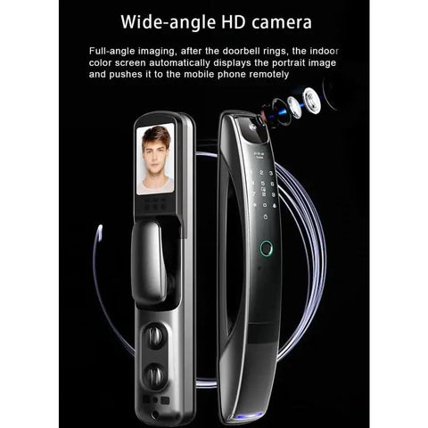 Slick Video Intercom Smart Door Lock With Auto Monitoring Camera Fingerprint Password Antitheft Digital Handle showing HD camera display