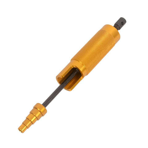 Heavy Duty Badass Wrist Pin Puller Kit For Small Engines Top Shelf Aluminum Alloy Piston Remover with gold finish and knurled grip.