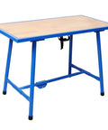 Heavy Duty Foldable Workbench Featuring Tough As Nails Steel Frame And Premium Wood Top, No Sweat Assembly For Garage Or Home Shop, 660 Lb Load Capacity, Blue with sturdy steel legs and wood top.