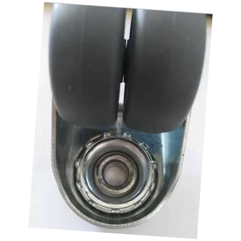 Top Shelf Heavy Duty Two Inch Twin Caster Wheels With Locking Brake And True 360 Swivel Action view of twin rubber wheels and bearing.