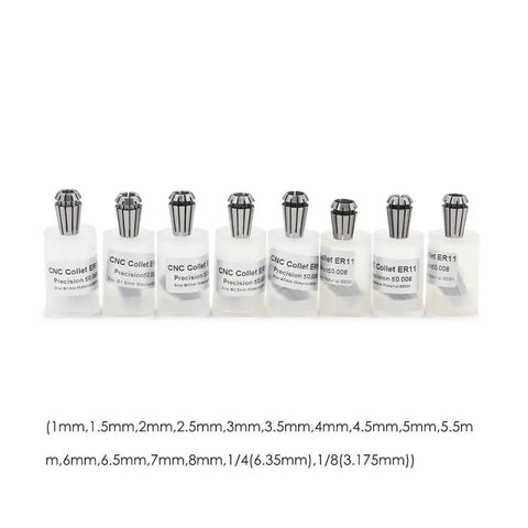 Top Notch Er16 Spring Collet Chuck For Cnc Milling Lathe Machines Offering Dead Nuts Accurate Clamping Heavy Duty Steel Build And Quick Spindle Tool Changing, showing 8 precision collets in various sizes.