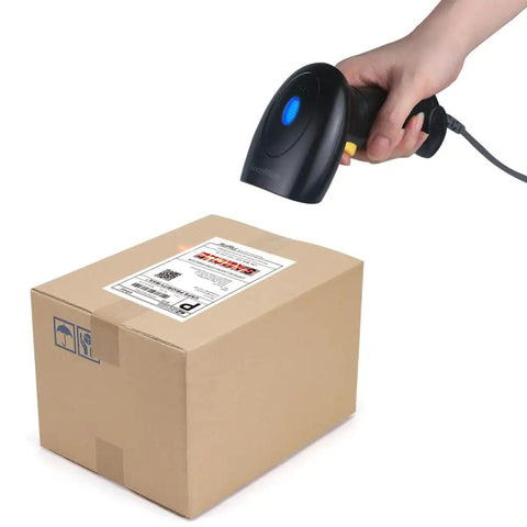 Lightning Fast Handheld USB Barcode Scanner Wired 1D Barcode Reader scanning a package label for supermarkets and convenience stores