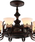 Retro Ceiling Fan Light With Negative Ion Purification Zero Fuss Remote Control Silent Third Gear Wind Speed Four Hour Timer Eco Savvy Chill Mode Setup with intricate bronze finish and glass shades.