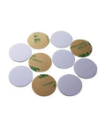 Writable 125kHz RFID Sticker Cards Set 10 Pcs 25mm Dia T5577 Proximity Blank Tags With Adhesive Backing shown front and back view
