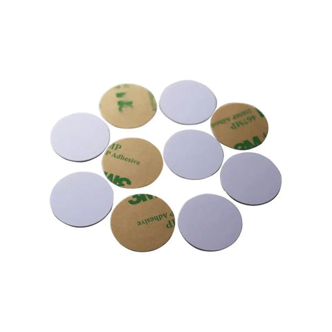 Writable 125kHz RFID Sticker Cards Set 10 Pcs 25mm Dia T5577 Proximity Blank Tags With Adhesive Backing shown front and back view