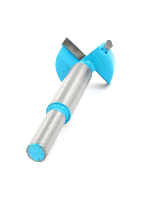Aexit wood hinge boring drill bit, 28 mm diameter, blue head and silver shank, close-up view