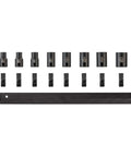 34 Piece 3/8 Inch Drive Deep 12 Point Impact Socket Set On Rails displayed with compatible sockets and rail storage