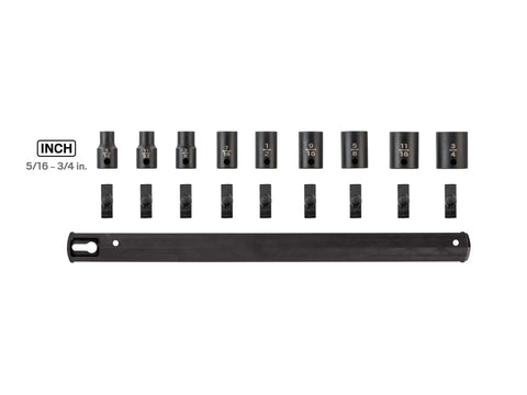 34 Piece 3/8 Inch Drive Deep 12 Point Impact Socket Set On Rails displayed with compatible sockets and rail storage