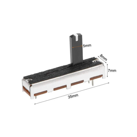 Side view of Five Pack 50K Linear Slide Potentiometers For Dimming And Tuning 35mm Body 15mm Shaft B50K Ohm Fader Resistors