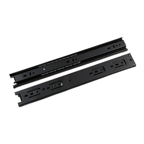 Heavy Duty Twelve Inch Three Section Ball Bearing Drawer Slides With Hidden Bottom Mount Design For Killer Smooth Gliding And Rock Solid Build Quality Forever, black steel slides, two pieces.