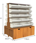 Heavy Duty Five Tier Steel Shelving Unit With Warm Wood Finish Double Sided Storage Rack featuring white bins, dimensions 84cm x 116cm x 142cm.