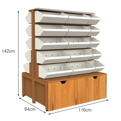 Heavy Duty Five Tier Steel Shelving Unit With Warm Wood Finish Double Sided Storage Rack featuring white bins, dimensions 84cm x 116cm x 142cm.