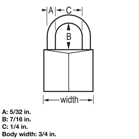 Diagram of padlock with dimensions, showing 3/4 inch wide aluminum body, 5/32 inch steel shackle, and its measurements.
