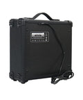Back view of Portable 20W Electric Guitar Amp For Beginners With Headphone Output And Aux In, showing durable black build and cord.