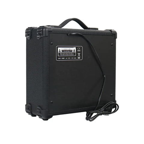 Back view of Portable 20W Electric Guitar Amp For Beginners With Headphone Output And Aux In, showing durable black build and cord.