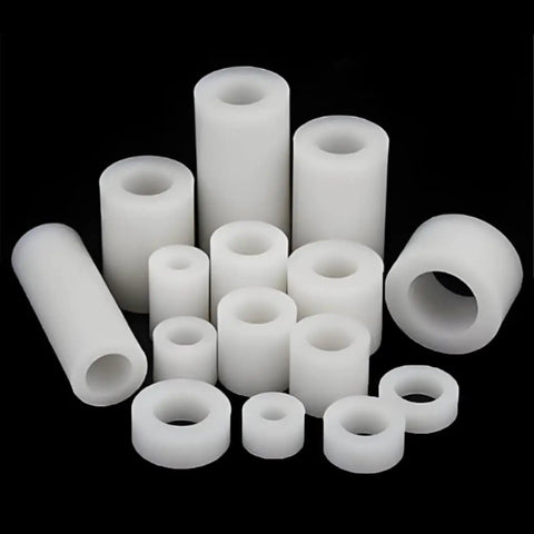 Ten Piece White Nylon Spacer Bracket Kit With Non Conductive PA66 Gaskets, 16mm And 18mm Outer Diameters, 10mm And 12mm Inner Diameters, 2mm Length, The Go To Spacer Set For Electrical, Automotive, And DIY Projects, white nylon spacers