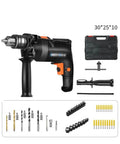 Pro Grade Hand Electric Drill Delivering Solid Punch Action And Sharp High Carbon Steel Bits Variable Speed Setting with accessories.