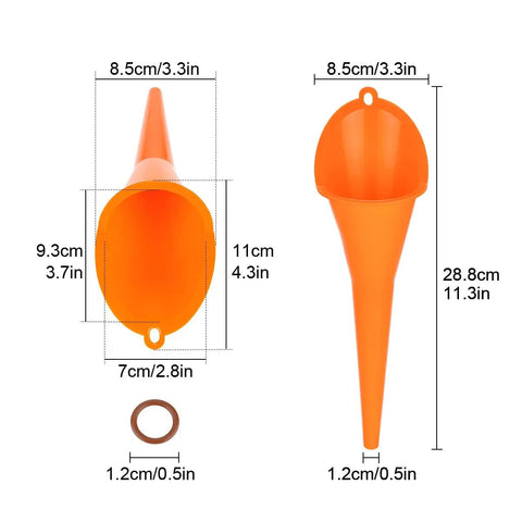 Dimensions of orange drip-free funnels and Viton O-ring from Oil Filter Wrench And Oil Change Kit For Harley Davidson.