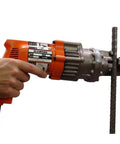 Professional Grade Electric Rebar Cutter Cuts Number 5 Steel Bars With A Hardcore Cold Cutting Shear Setup designed for masonry work.