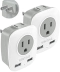 US To Europe Travel Adapter With 2 USB Ports And 2 Outlets Type E F Schuko Power Plug For France Germany Spain Greece Norway Iceland Russia And More 2 Pack, front view