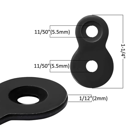 Heavy Duty Figure 8 Fastener Kit for Table Tops and Desks, close-up of black desktop clip with dimensions