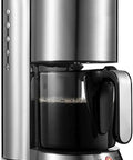 Side view of Drip Coffee Maker 1250W Power, 1.25L Glass Carafe, Stainless Steel Filter Coffee Machine with detachable filter.