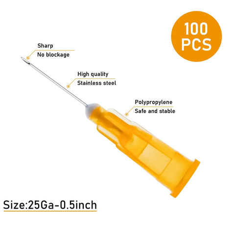 100 Pack 25 Gauge 1/2 Inch Lab Needles With Luer Lock, Disposable, Individually Wrapped, Stainless Steel And Plastic Construction, Compatible With Standard Syringes For Precise Lab Work, 25Ga-0.5inch