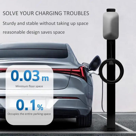 Heavy Duty Floor Mounted EV Chargers Built Like A Tank With Rustproof Steel Outdoor Electric Vehicle Charging Station, compact design close to parked car.