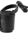 Spill Free Self Leveling Cup And Koozie Holder with dual socket arm, black housing, designed for outdoor activities.