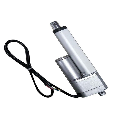Multifunctional 12V DC Linear Actuator For Bed Or Lift Table, 25mm To 150mm Stroke, 900N Max Thrust, Potentiometer Included, Low Noise Quiet Operation, Easy Install For DIY Projects. 12V metal linear actuator with cable on white background