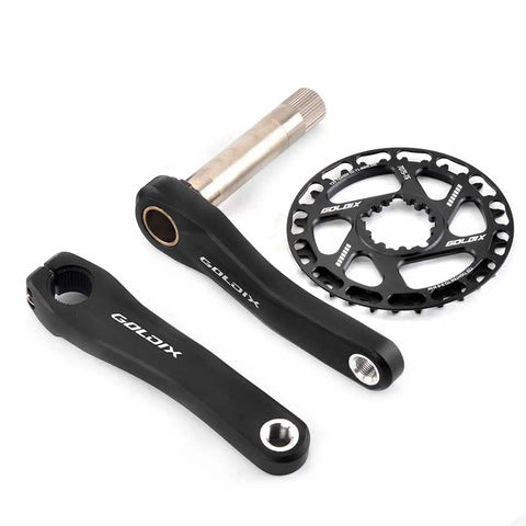 Square Taper Mountain Bike Crank Arm Set for 110mm to 160mm Spacing, Includes Right Arm and Single Ring Disc, 28T to 36T Chainring Options, Lightweight About 550g, High Carbon Steel Durable Performance Upgrade