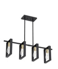 Four Light Wood Chandelier With Black Wood Frame And Gold E26 Socket Industrial Rectangle Linear Pendant Light.