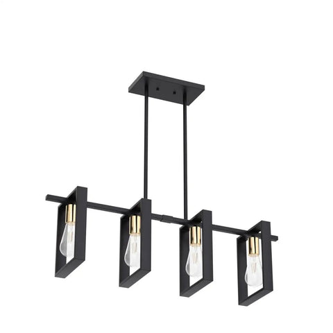 Four Light Wood Chandelier With Black Wood Frame And Gold E26 Socket Industrial Rectangle Linear Pendant Light.