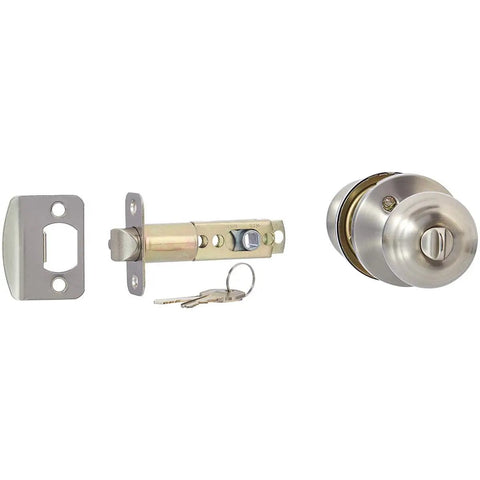 Exterior Door Knob With Lock For Your Pad, Classic Satin Nickel Finish, Brass Body, Steel Core, Adjustable Latch, Two Brass Keys