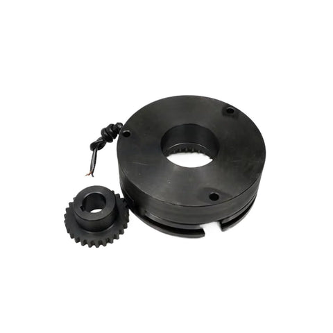 Front view of DHD2-30 electromagnetic brake assembly with large black housing, central bore, and visible gear ring