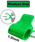 Green plastic greenhouse clamp for 1/2-inch PVC pipe; front view shows 1-inch jaw opening and 1/2-inch pipe hole