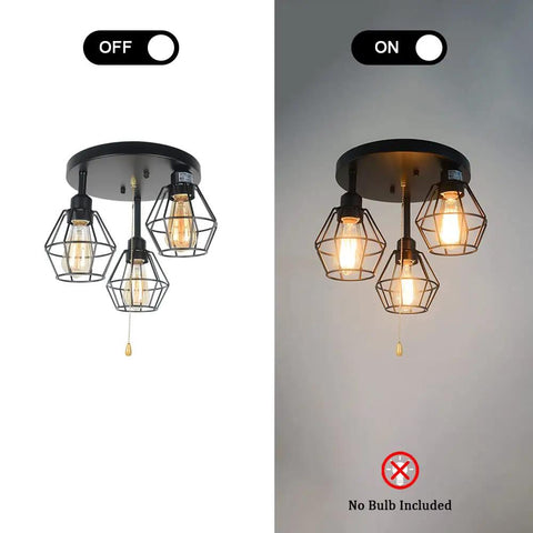 Industrial Dope Pull Chain Ceiling Light Fixture With Black Metal Cage Semi Flush Mount Three Light Edison E26 Steampunk Vibe Off On
