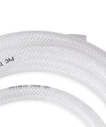 Coiled clear braided PVC tubing, 1 in ID, heavy-duty reinforced tubing