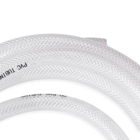 Coiled clear braided PVC tubing, 1 in ID, heavy-duty reinforced tubing