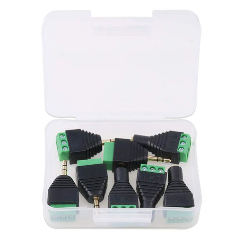8 Piece 3.5mm Stereo Audio Jack To Av Terminal Adapter Kit Built Like A Tank With Gold Plated Copper Contacts, connectors in a storage case.
