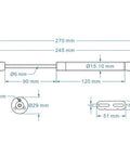 Technical drawing of Two Pack Heavy Duty Black Gas Strut Lift Supports for Kitchen Cupboard Doors with dimensions.