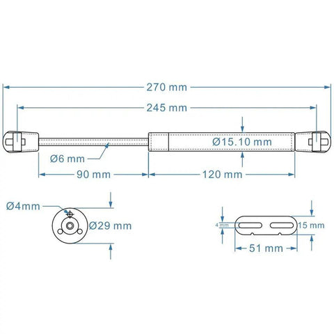 Technical drawing of Two Pack Heavy Duty Black Gas Strut Lift Supports for Kitchen Cupboard Doors with dimensions.
